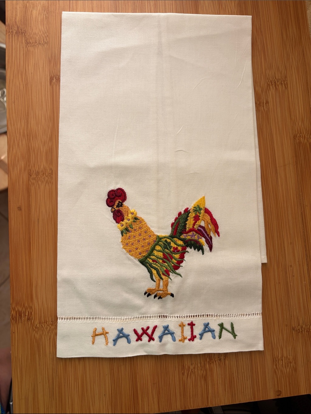 Embroidered Rooster Hawaiian Kitchen Towel - White with Multicolor Stitching